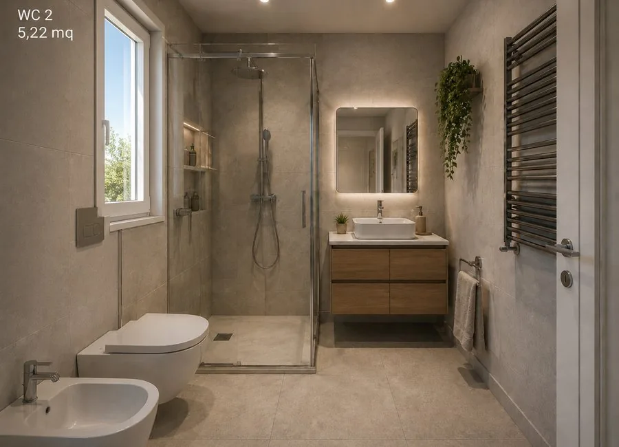 WC 2 di 5,22 mq con doccia, finestra e mobile lavabo