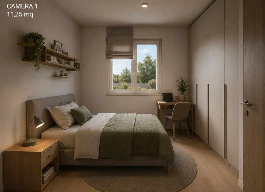 Camera 1 di 11,25 mq arredata con letto, armadiatura e scrivania