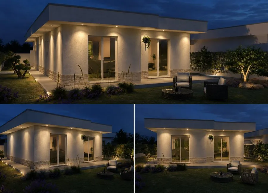 Collage di viste serali del giardino e degli esterni della villa