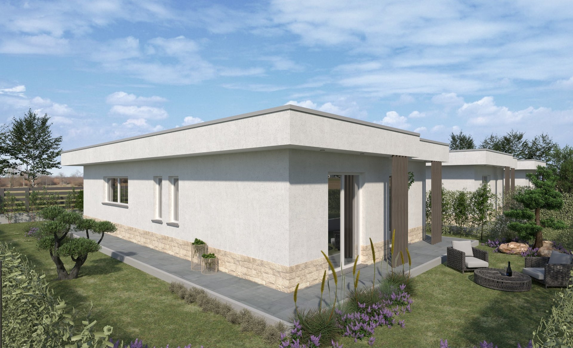 Render esterno villa con giardino privato e portico