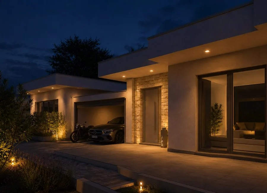 Vista serale angolare dell’ingresso con box, portico e luce scenografica