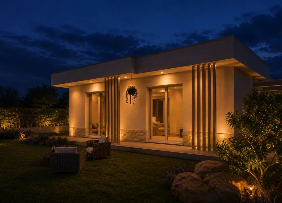 Vista serale frontale della villa con illuminazione esterna