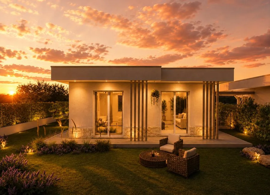 Vista angolare del giardino al tramonto con illuminazione scenografica