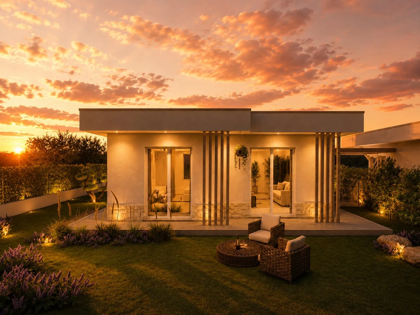 Vista angolare del giardino al tramonto con illuminazione scenografica