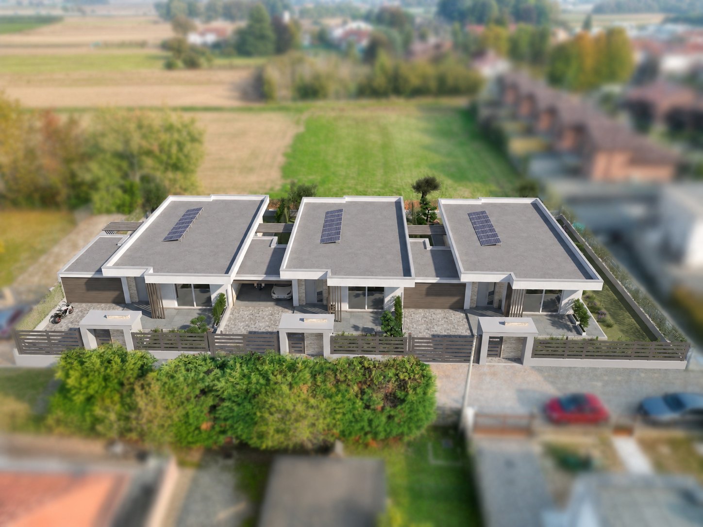 Vista aerea delle tre ville singole Residenza La Quiete a Gerenzano