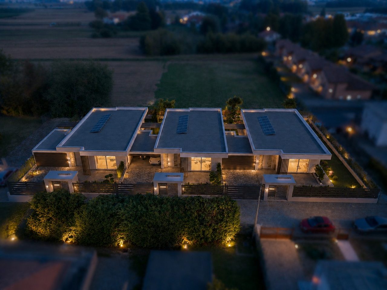 Vista aerea serale della Residenza La Quiete, ville singole in classe A a Gerenzano