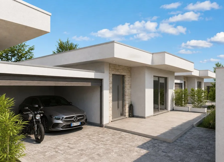 Seconda vista diurna dell’ingresso con box e camminamenti esterni