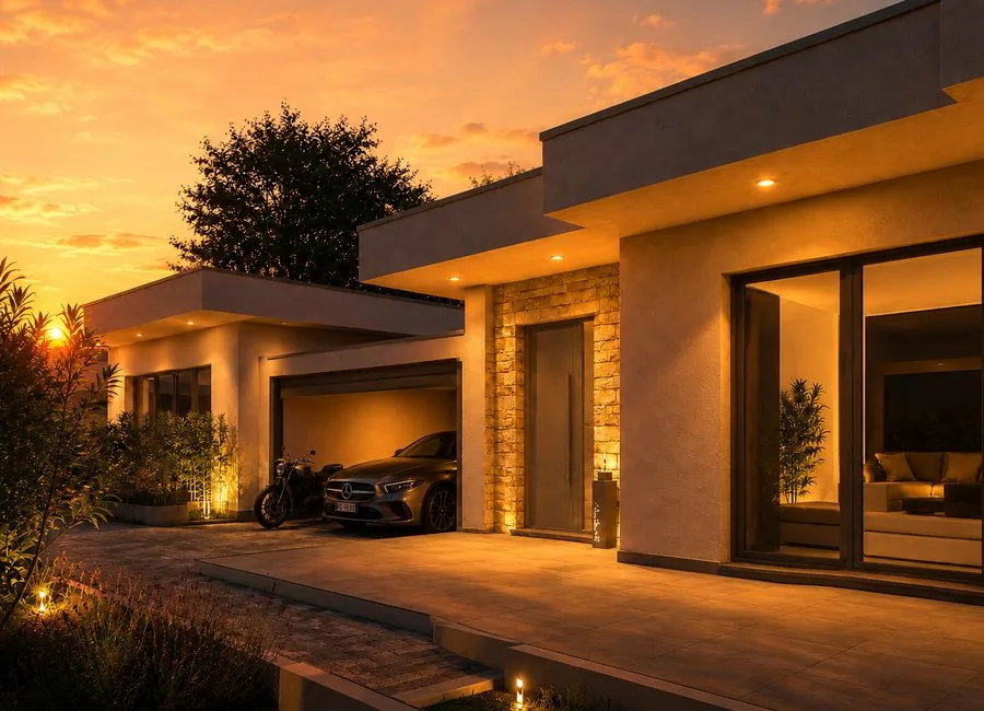 Vista dell’ingresso della villa al tramonto con box e finiture moderne