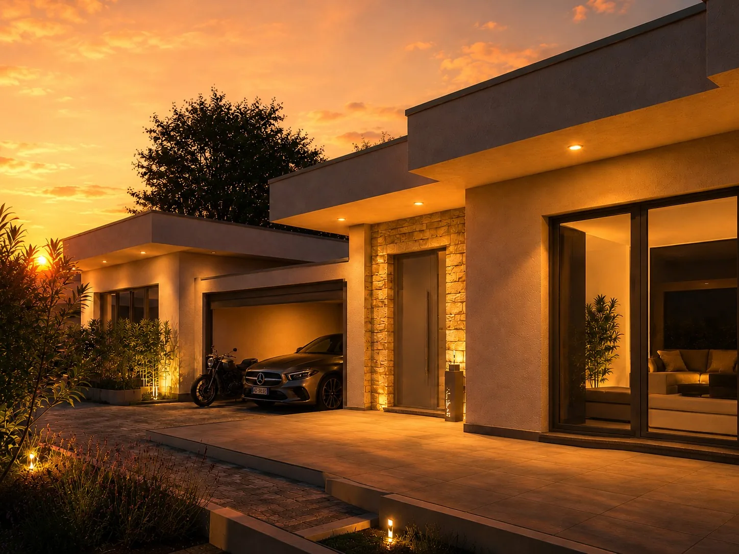 Vista dell’ingresso della villa al tramonto con box e illuminazione architettonica