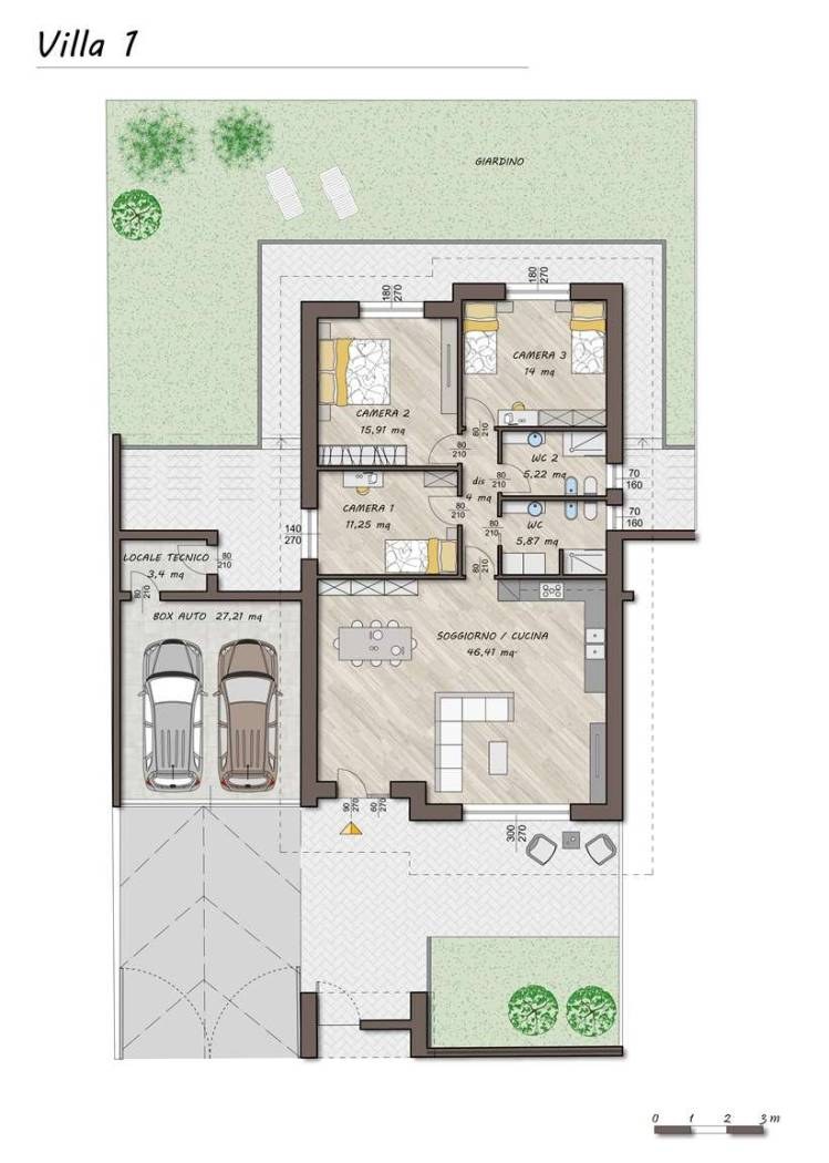 Planimetria singola Villa 1 con distribuzione interna, giardino e box doppio