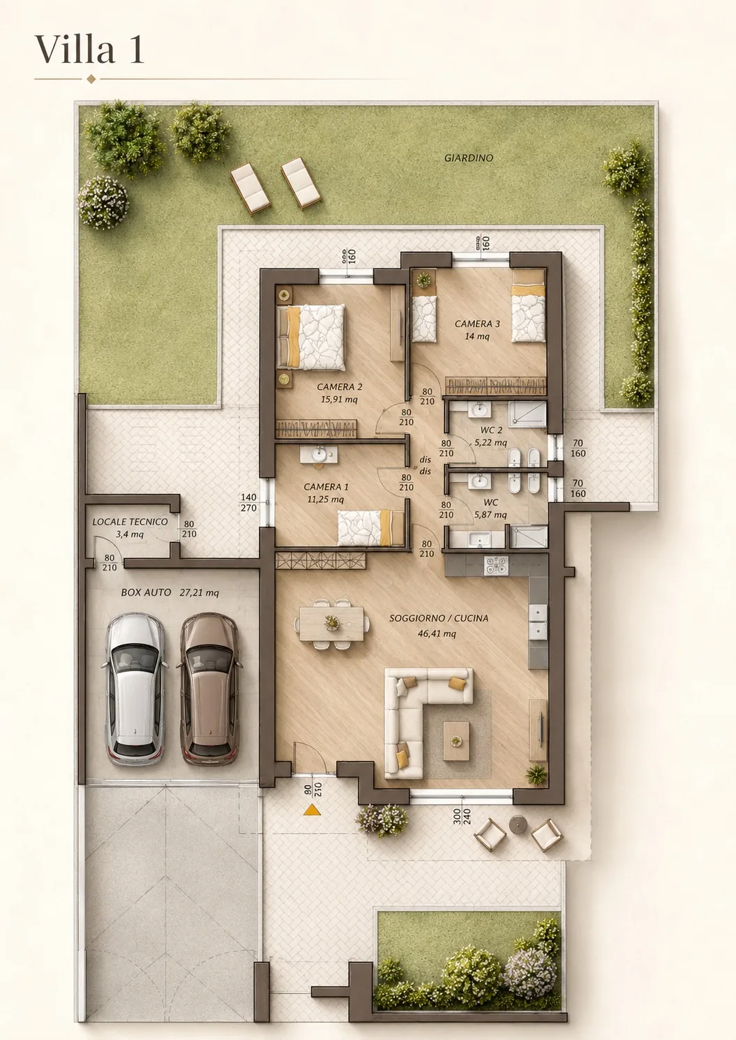 Planimetria singola Villa 1 con distribuzione interna, giardino e box doppio