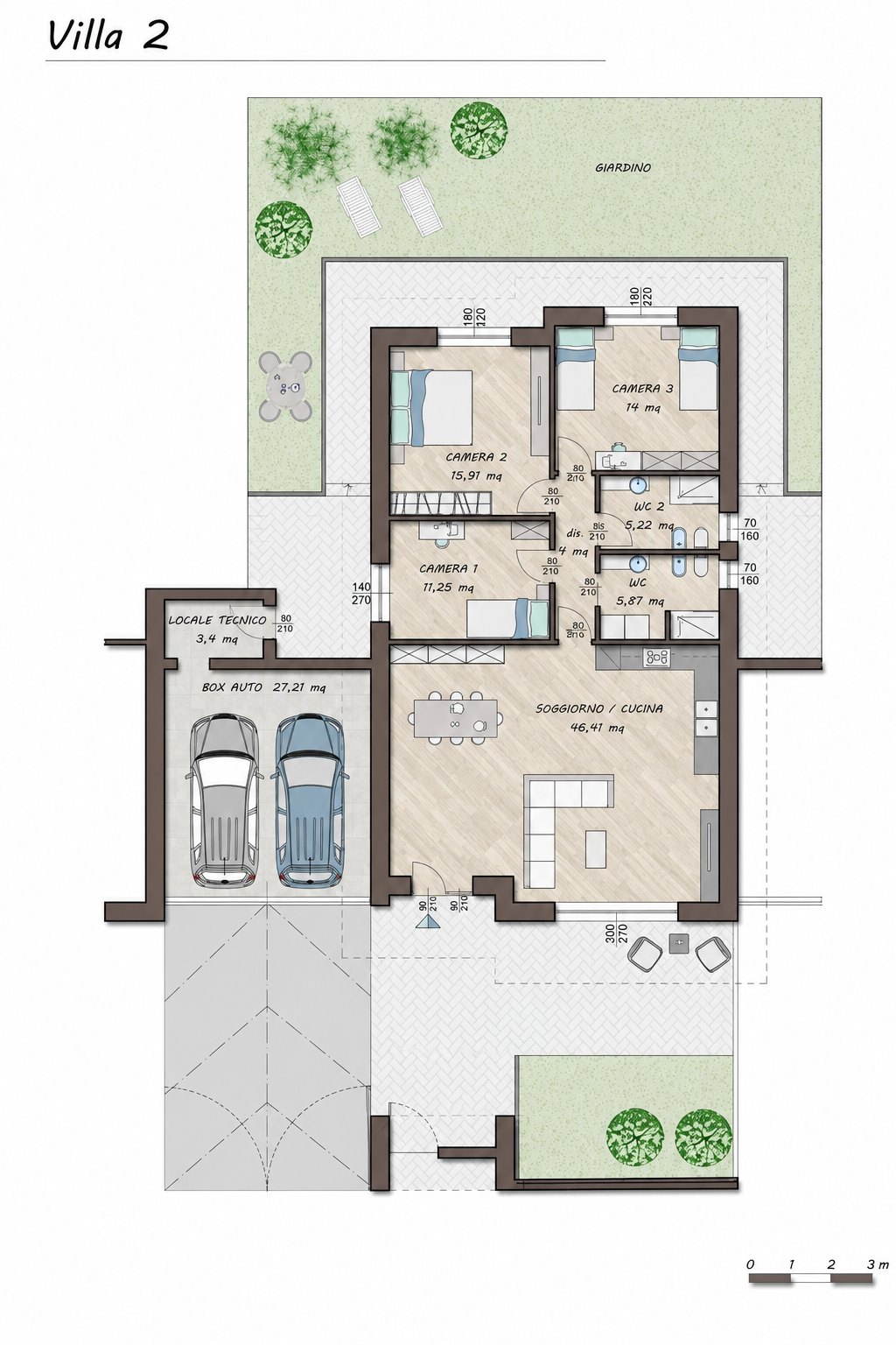 Planimetria singola Villa 2 con distribuzione interna, giardino e box doppio