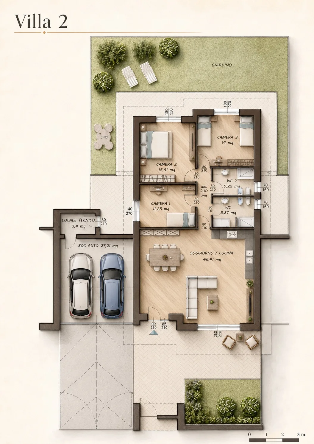 Planimetria singola Villa 2 con distribuzione interna, giardino e box doppio