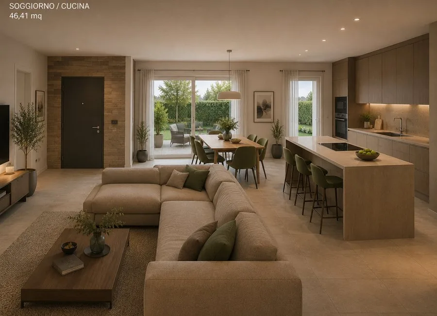 Soggiorno / cucina open-space di 46,41 mq con isola centrale e zona pranzo